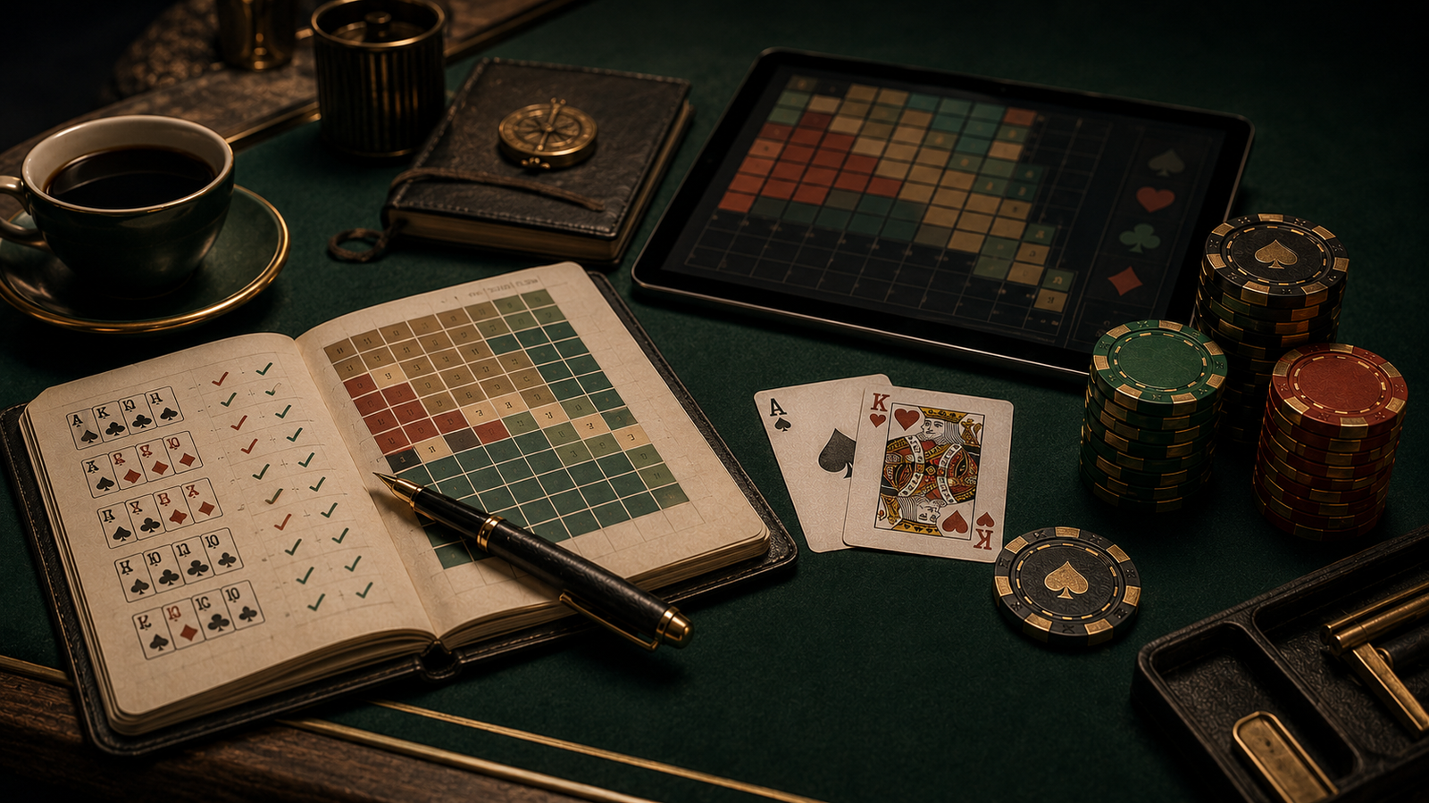 Análisis de manos de poker con cartas, fichas y tabla de estrategia